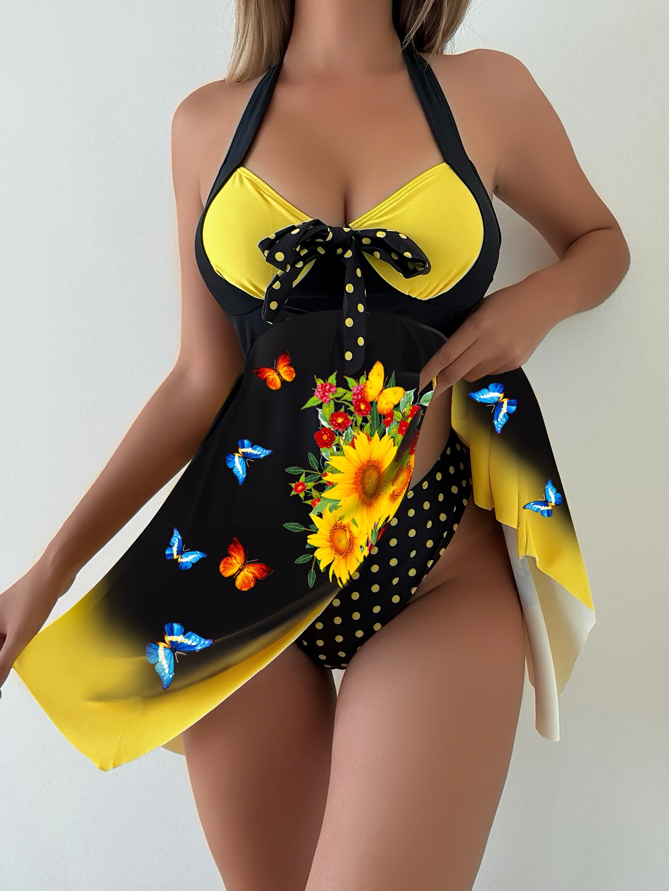 Women's 2 Piece Set Tankini, Sunflower Print And Bow Swim Dress, Dot Print Bottoms, Women's Swimwear & Clothing