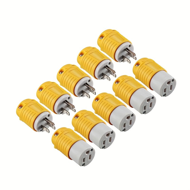 [5 Male and Female Connectors Set] Set of 1/3/5 Male And Female Connectors, American Industrial RV Replacement Plug Set NEMA 5-15R 15A 125V, Straight Connector, Yellow Color, Without Battery