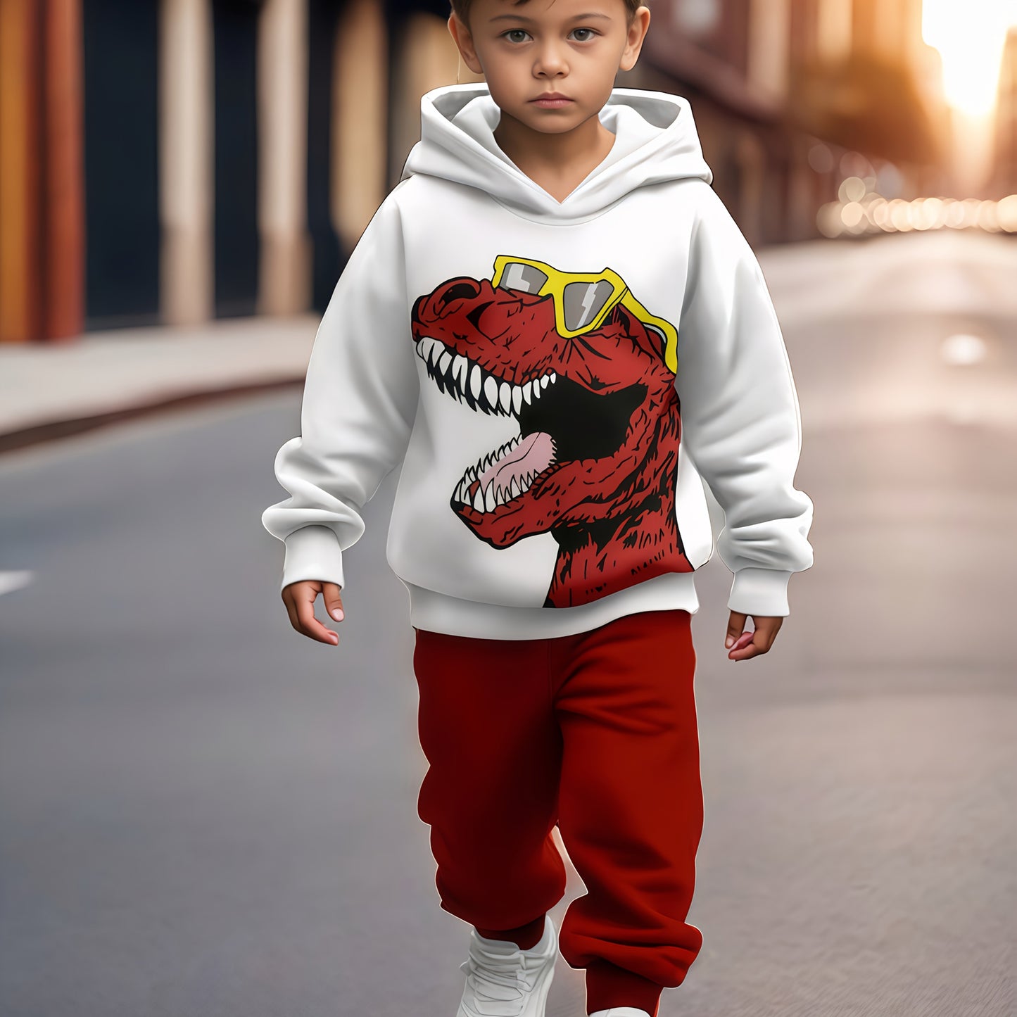 2pcs boy's cartoon dinosaur print sweatshirt sports suit, hooded sweatshirt + jogging pants sports Youngsters's clothing gift. Comfortable fabric, spring and autumn season, 2pcs sports sweatshirt set. Suitable for outdoor use