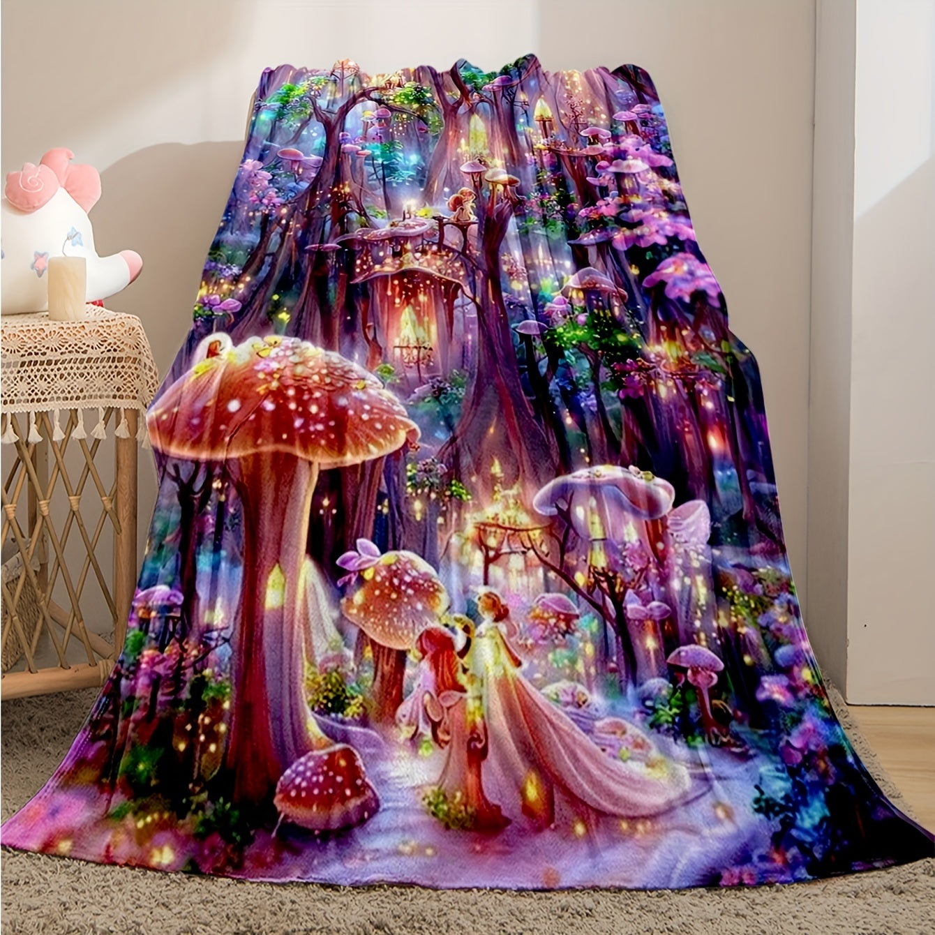 Whimsical Fantasy Mushroom Castle Throw Blanket - Soft, Reversible, and Vibrant Polyester Knit Bedding with Unique Embellishments, All-Season Multipurpose Design, and Flower Patterned Reverse Side