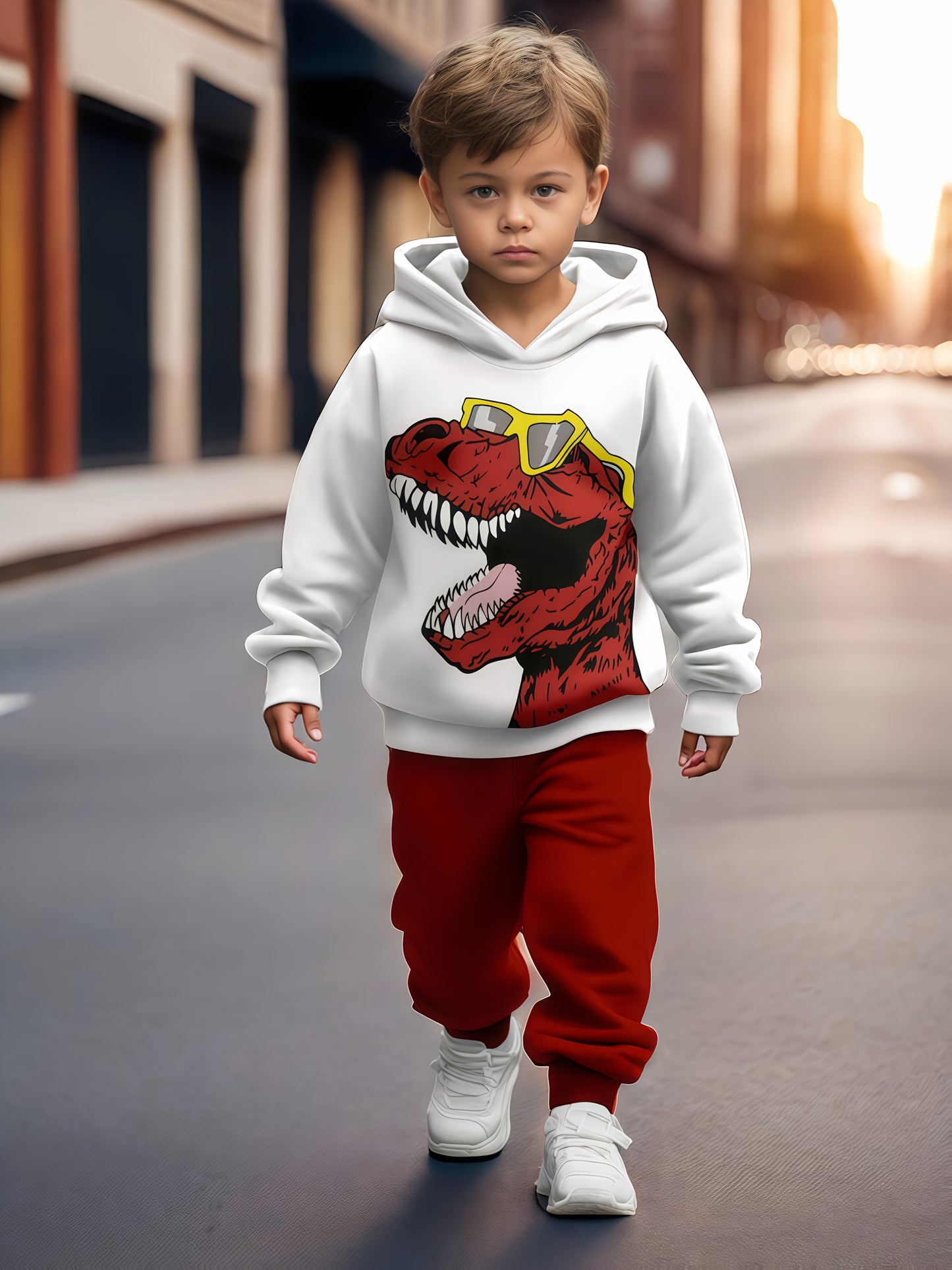 2pcs boy's cartoon dinosaur print sweatshirt sports suit, hooded sweatshirt + jogging pants sports Youngsters's clothing gift. Comfortable fabric, spring and autumn season, 2pcs sports sweatshirt set. Suitable for outdoor use