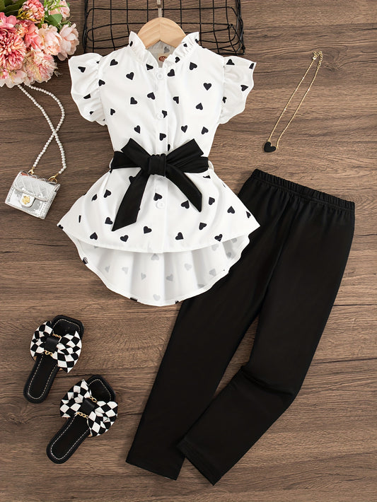 2pcs Girls Heart Graphic Ruffle Trim Top With Bow Belt + Solid Pants Set Summer Gift For Urban Wear Outdoor