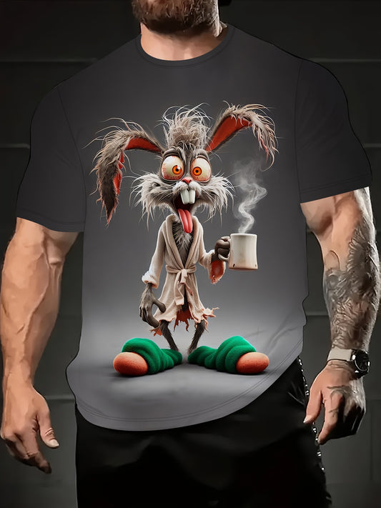 Men's Plus Size T-Shirt with Whimsical Rabbit 3D Print - Casual Streetwear, Short Sleeve, Round Neck, Stretchy Polyester Blend, Perfect for Summer Outings & Vacations, Oversized T Shirt, PLUS SIZE