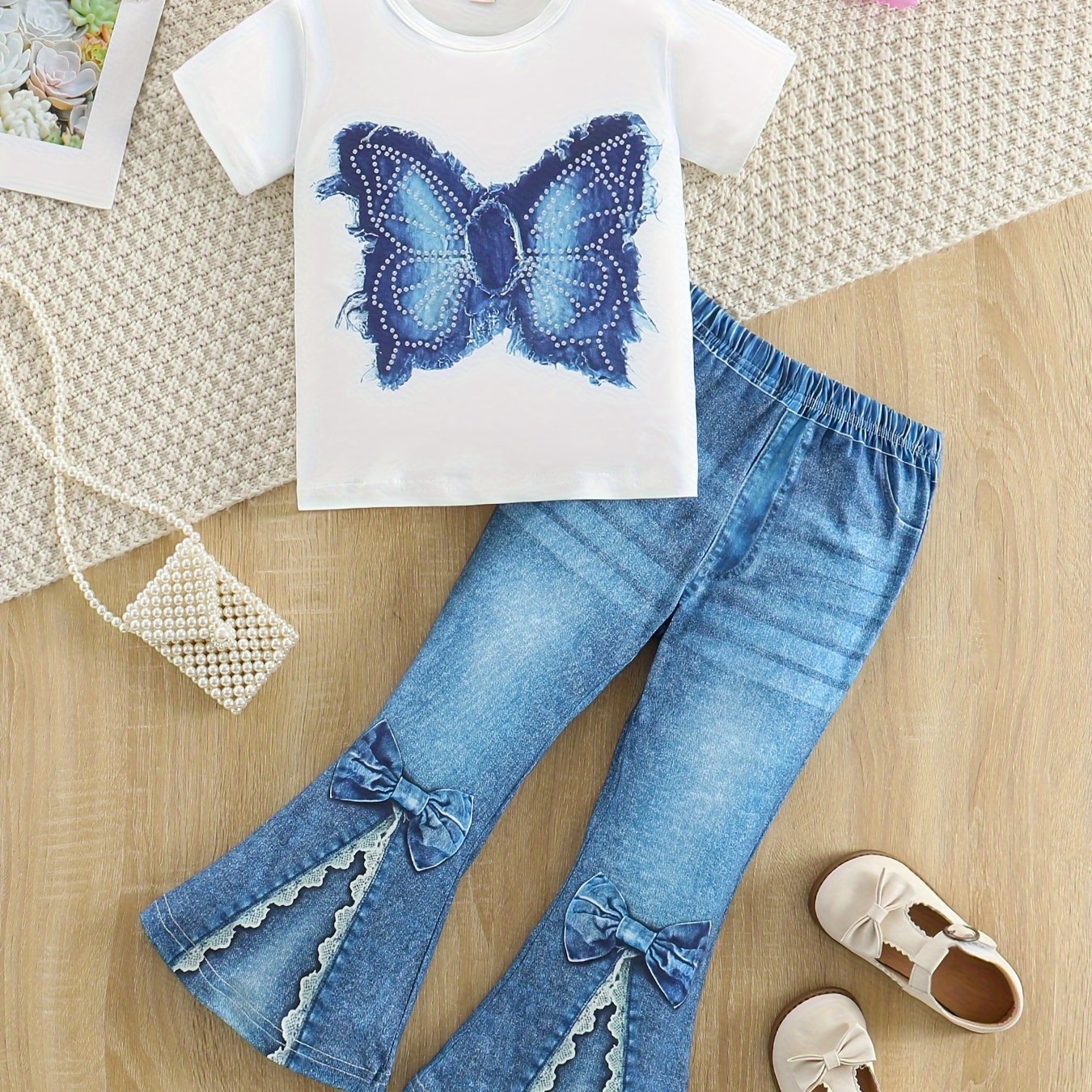 Chic Girls' 2pcs Set: Butterfly Print Short Sleeve Tee & Faux Denim Bell Bottoms - Machine Washable, Spring/Fall, Perfect for Outdoor