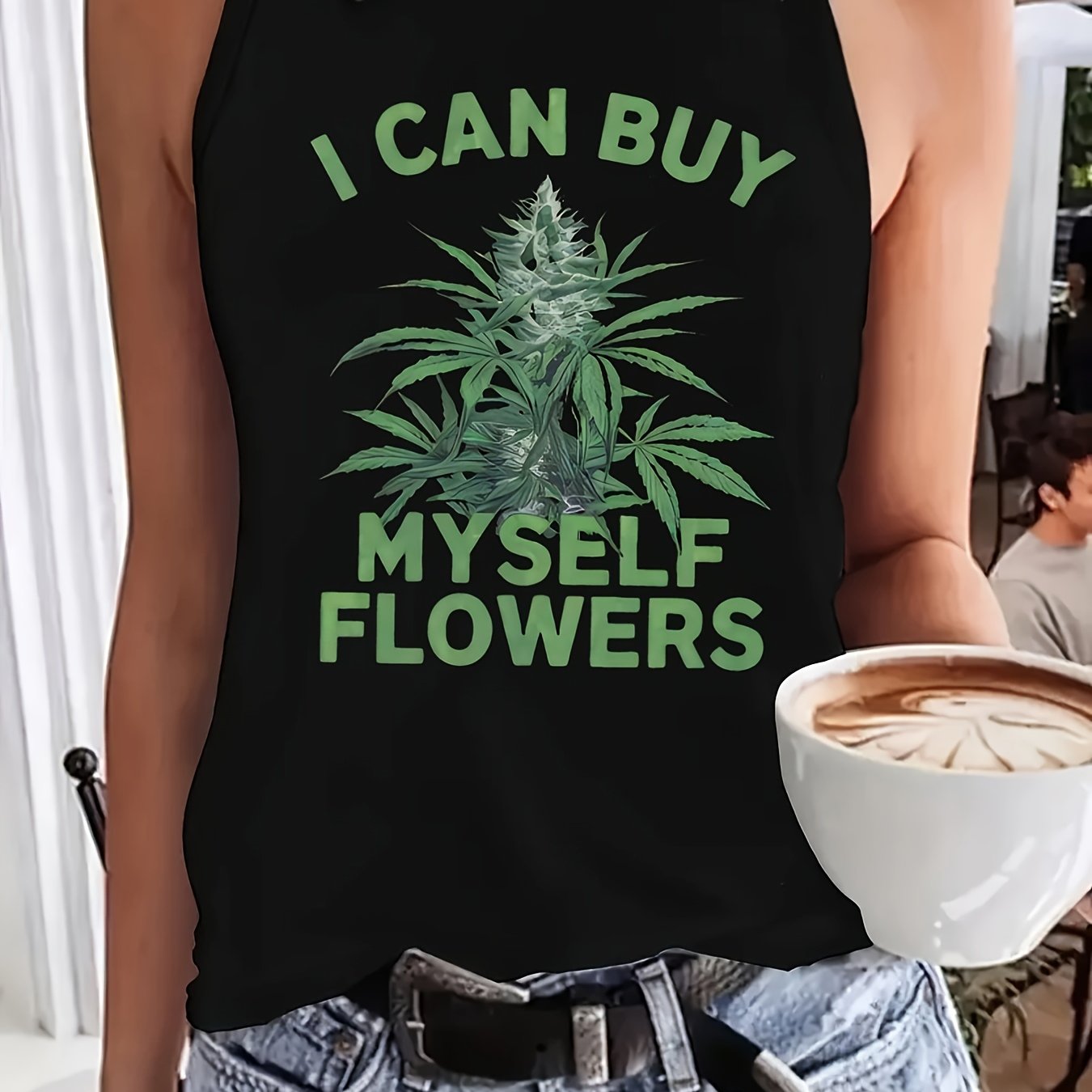 Women'S Casual Polyester Spandex Knit Fabric Crew Neck Tank Top, Regular Fit, with Cannabis Flower and Letter Print, for All Season Sleeveless Shirt