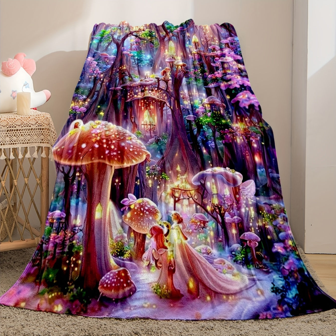 Whimsical Fantasy Mushroom Castle Throw Blanket - Soft, Reversible, and Vibrant Polyester Knit Bedding with Unique Embellishments, All-Season Multipurpose Design, and Flower Patterned Reverse Side