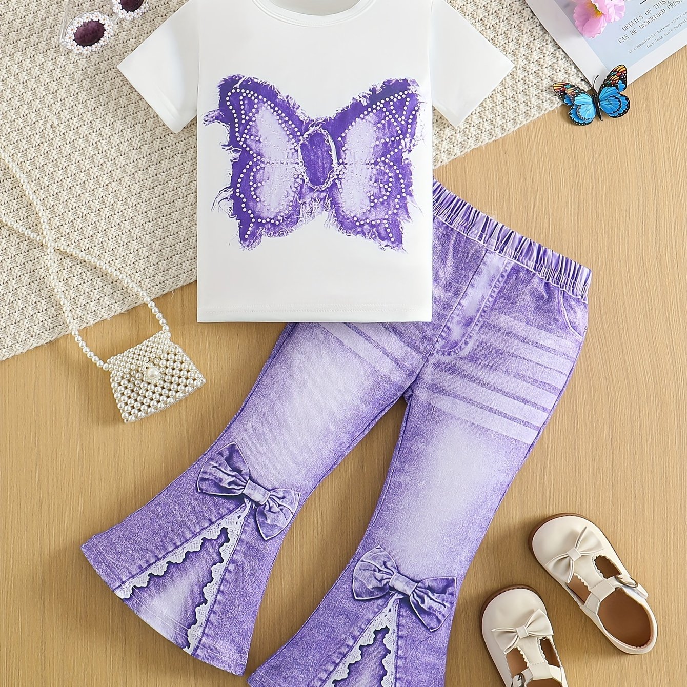 Chic Girls' 2pcs Set: Butterfly Print Short Sleeve Tee & Faux Denim Bell Bottoms - Machine Washable, Spring/Fall, Perfect for Outdoor