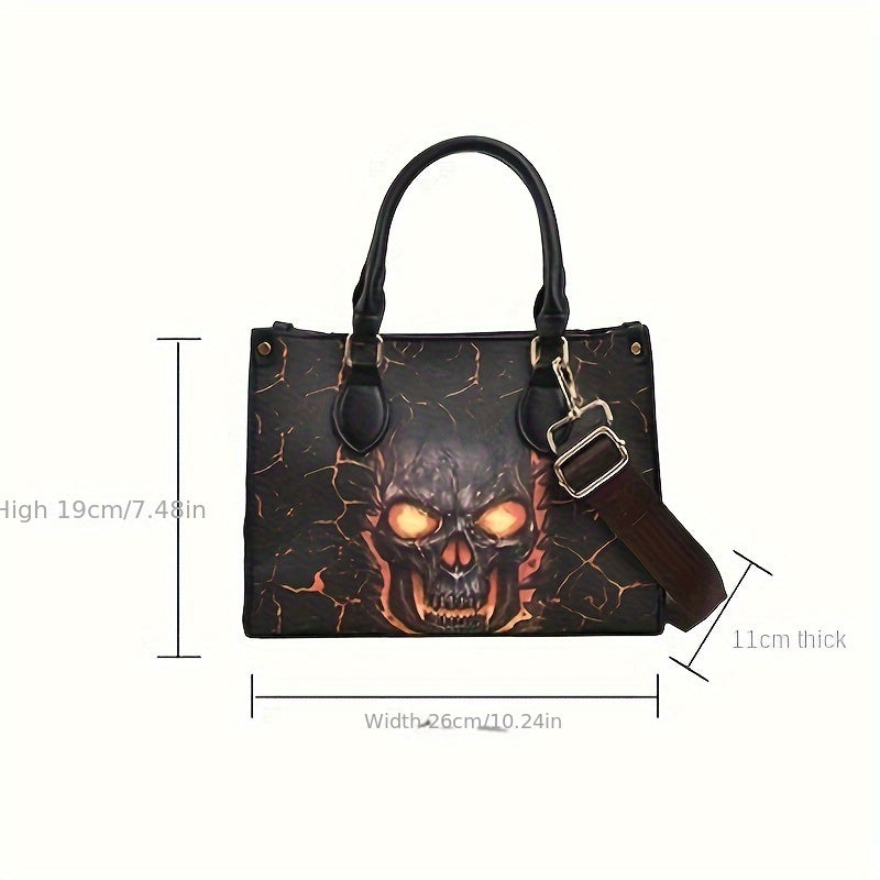 Large Capacity Gothic Skull Print Halloween Tote Bag with Zipper Closure, Women's Shoulder Bag for Spooky Season