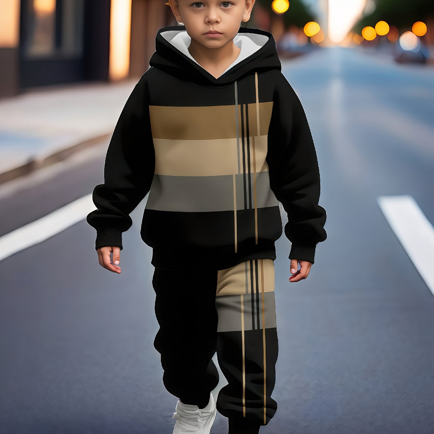 [Machine Washable] Boys' 2pcs Color Block Stripe Hoodie & Joggers Set | Comfortable, Casual | Machine Washable | Outdoor, Spring/Fall