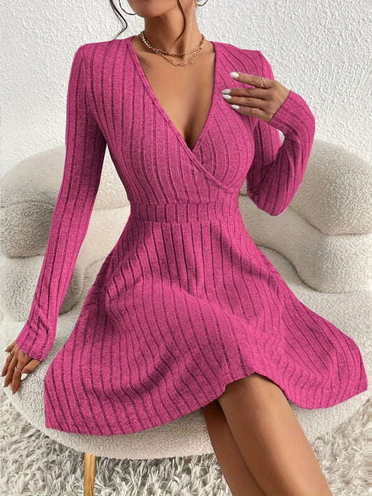 Ribbed Solid Midi Dress, Elegant V Neck Long Sleeve Dress, Women's Clothing