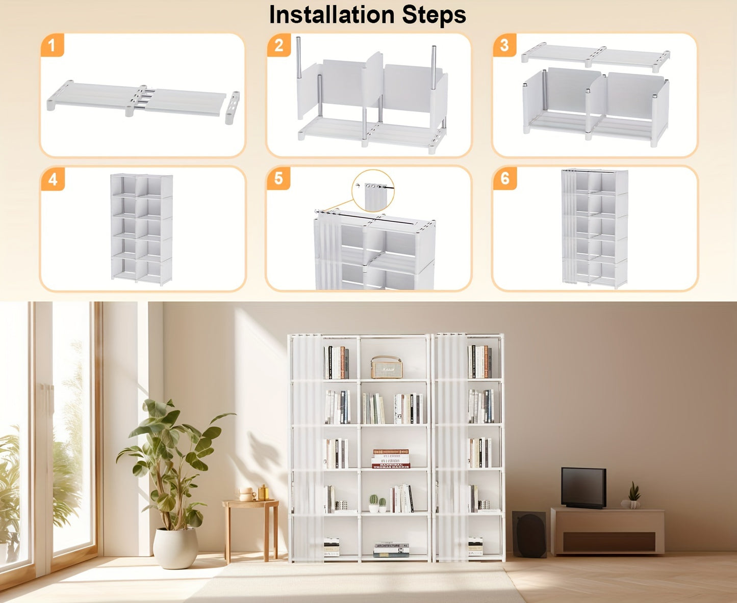 [White Space-Saving Bookcase] 5/6-Tier White Bookcase - Space-Saving Dustproof Storage Rack - Versatile Display Cabinet