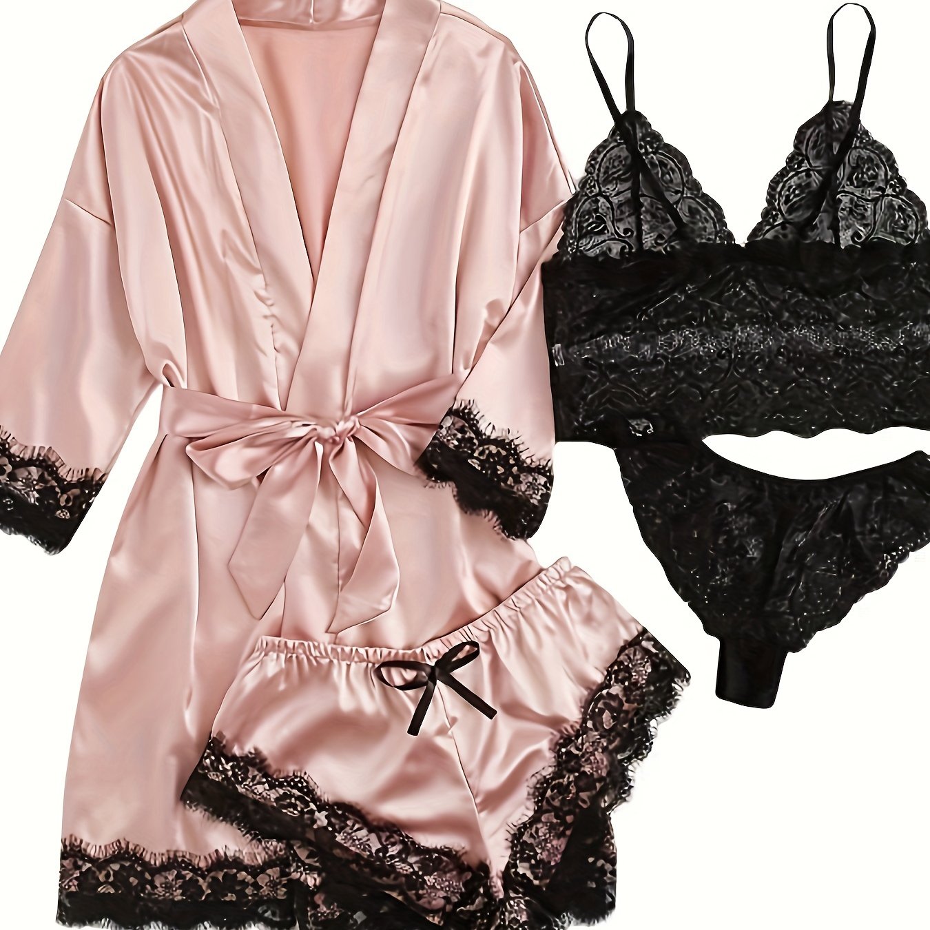 Women' Silk Satin Pajamas Set 4pcs Lingerie Floral Lace Cami Sleepwear with Robe Four-piece Pajamas Sexy Plus Size Robe Overall Dress Set Homewear