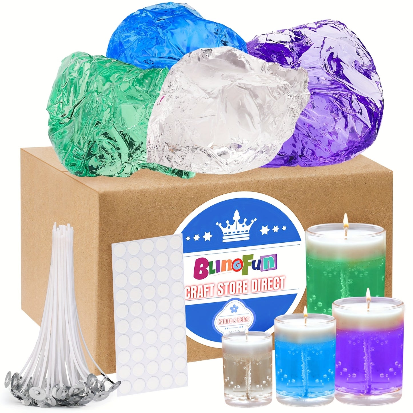 BlingFun Jelly Candle Making Kit, Includes Transparent Soft Jelly Wax 100gx4pcs, Wax Wicks x50, Wick Stickersx50 for Scented Candle Making and Wax Crafts