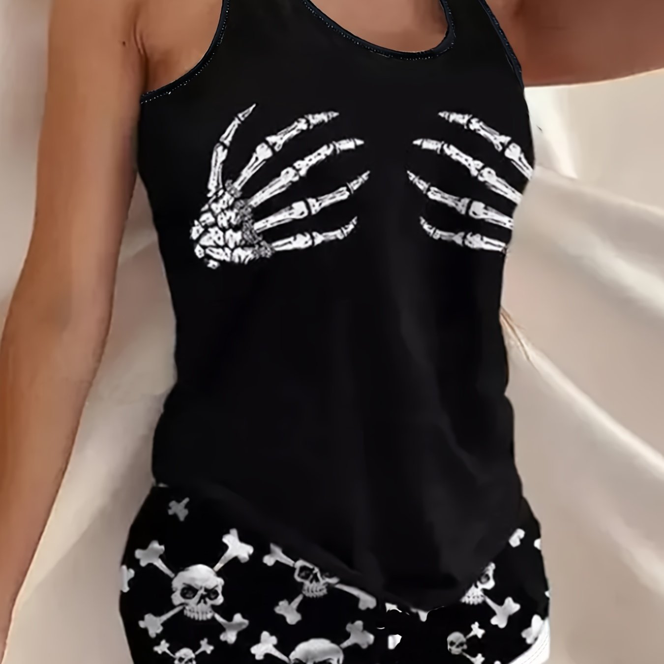 Women's Halloween Skull Print Tank Top & Shorts Pajama Set - Casual, Stretchy Polyester Blend, Machine Washable