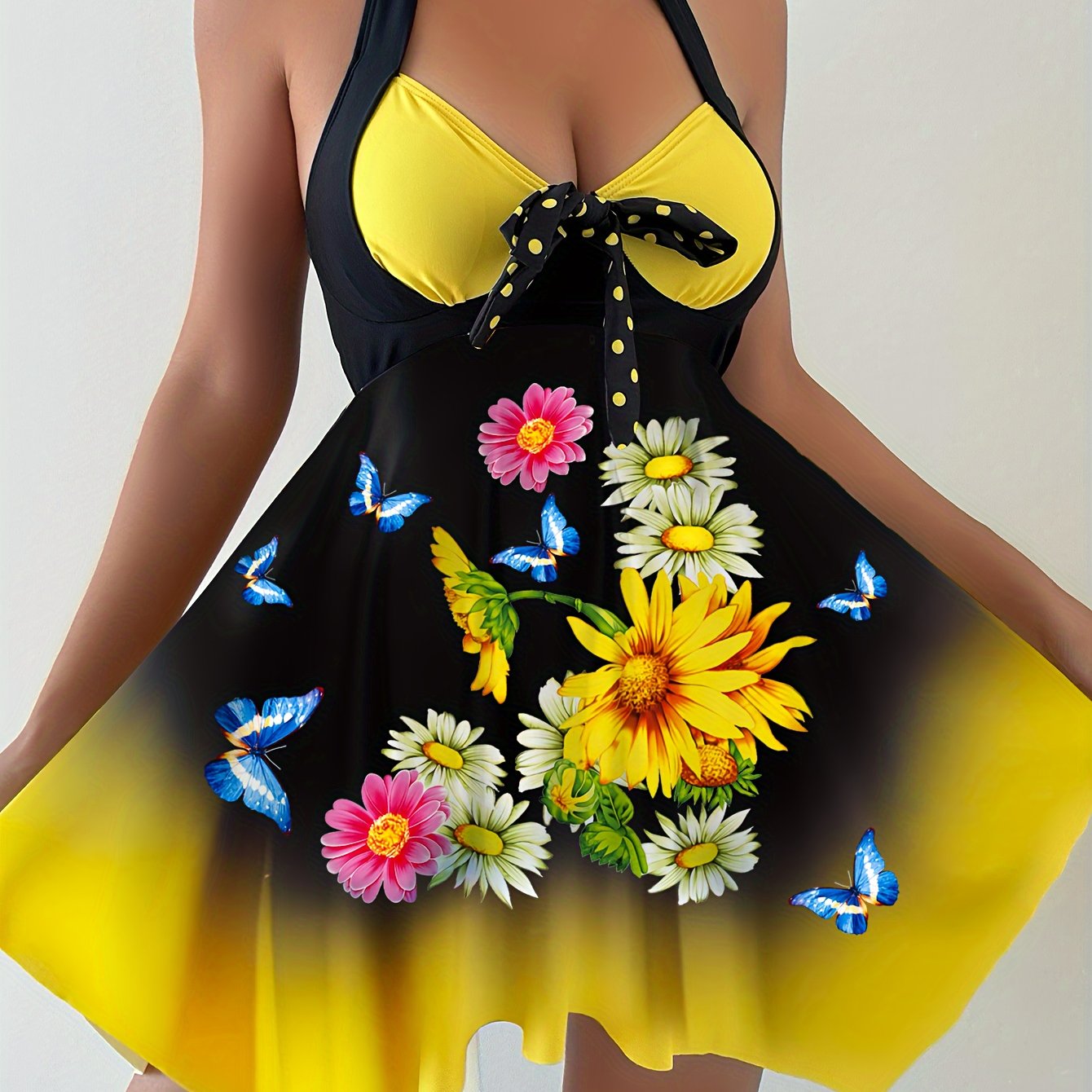 Women's 2 Piece Set Tankini, Sunflower Print And Bow Swim Dress, Dot Print Bottoms, Women's Swimwear & Clothing