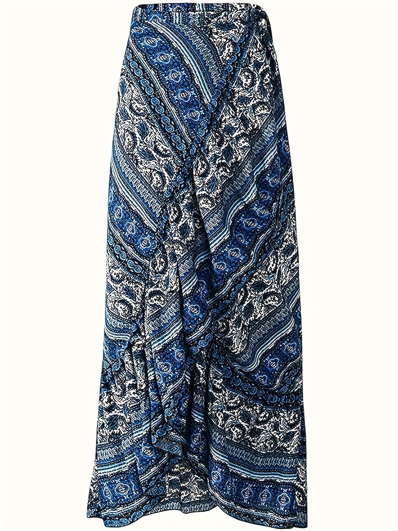 [Boho Print Maxi Skirt] High Waist Boho Print Maxi Skirt - Asymmetric Hem Side Wrap Long Skirt for Women