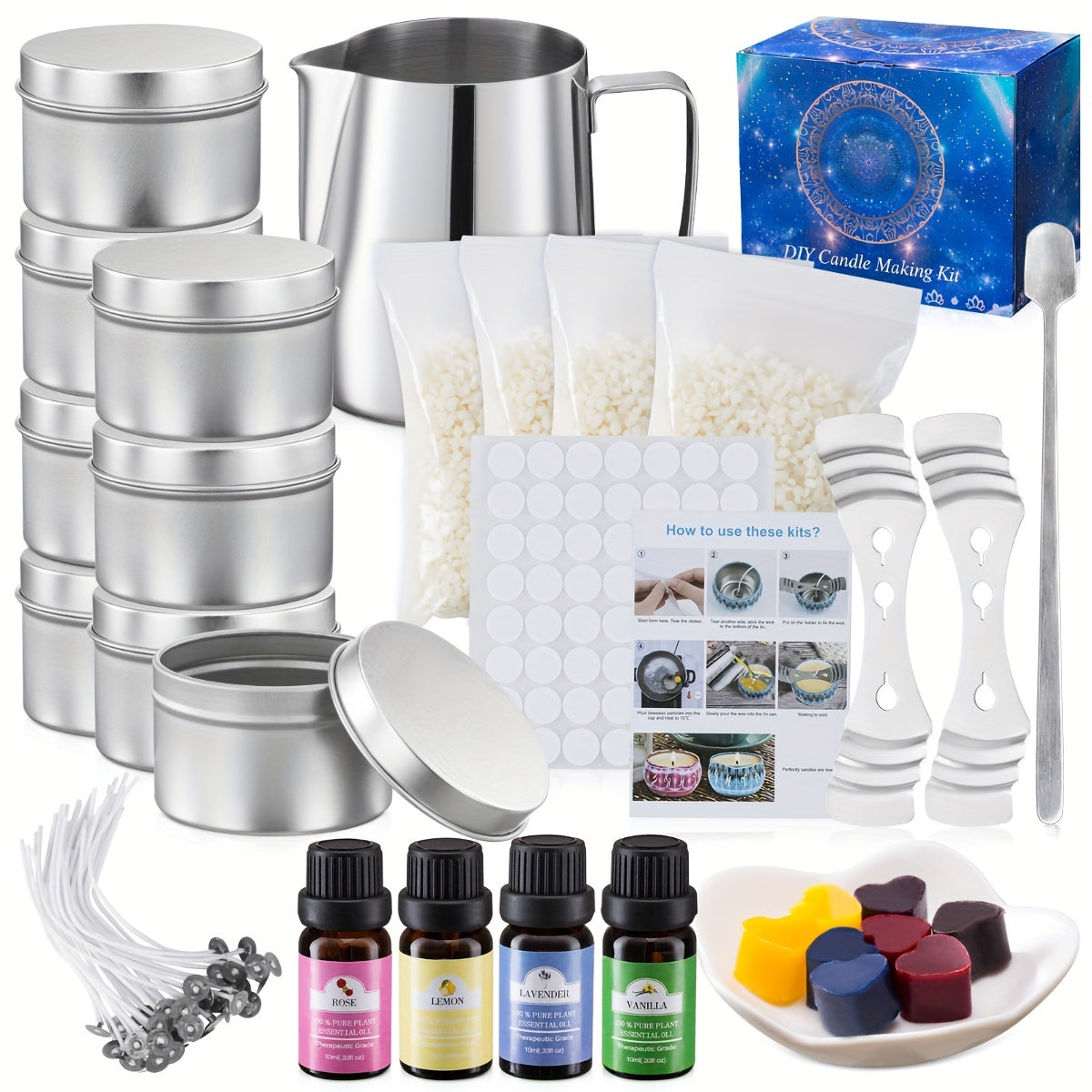 56pcs Deluxe DIY Candle Making Kit - Includes Silver Tins, Wax, Wicks, Essential Oil Fragrance Blocks, Pouring Pitcher & More Essentials - Perfect Craft Set for Beginners, Hobbyists & Creative Minds