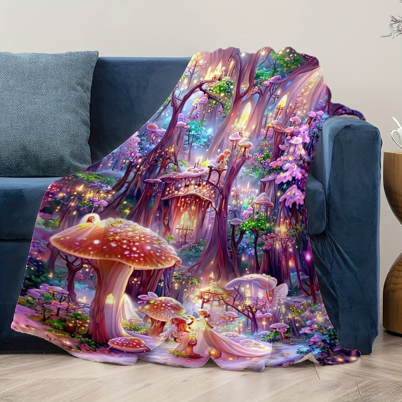 Whimsical Fantasy Mushroom Castle Throw Blanket - Soft, Reversible, and Vibrant Polyester Knit Bedding with Unique Embellishments, All-Season Multipurpose Design, and Flower Patterned Reverse Side