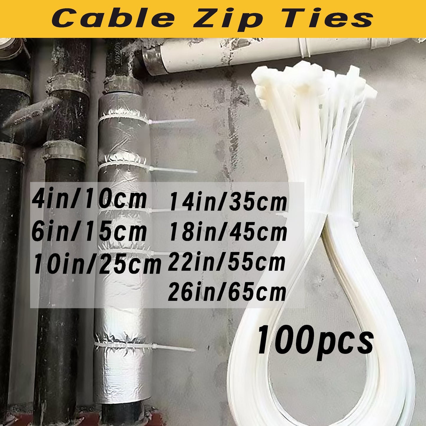 100pcs Heavy Duty Cable Zip Ties - Strapping - Self-Locking, Adjustable, Weather-Resistant, Tensile Strength Electrical Cable Ties for Outdoor & Indoor Use, Black, Various Sizes (26/22/18/14/10/6/4 Inches)