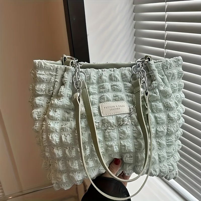 1pc Summer Sweet Clouds Tote Bag, Large Capacity Nylon Shoulder Bag for Women, Soft Handbag with Zipper Closure, 4 Colors (White/Pink/Green/Black), City Theme, Polyester Lining, Perfect for Commuting & Outings