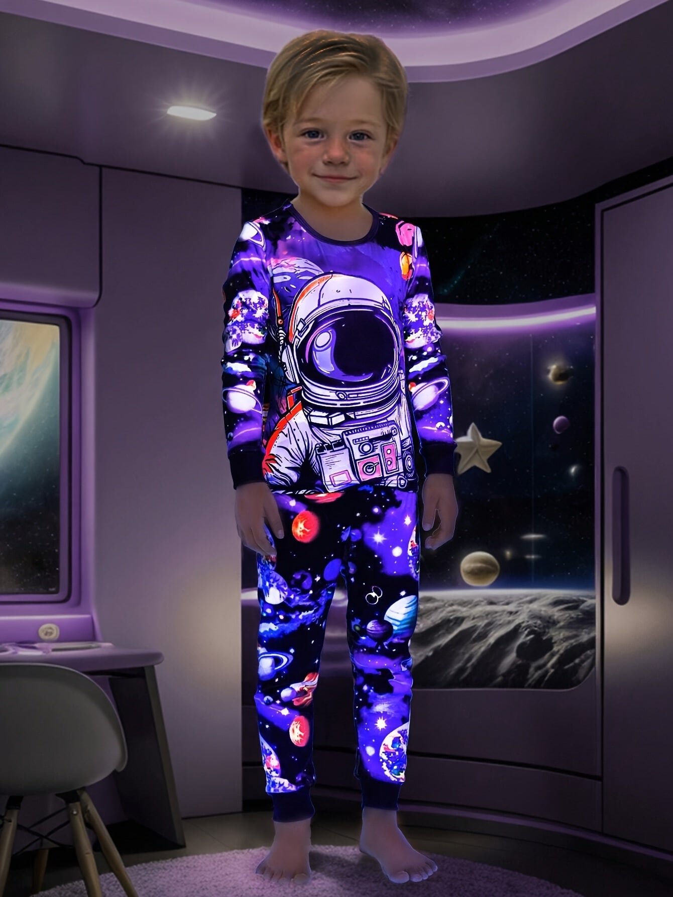 1615 Flame Retardant Men's Youngsters's Luminous Astronaut Print Long Sleeve Long Pants Home Clothes Two-piece Set