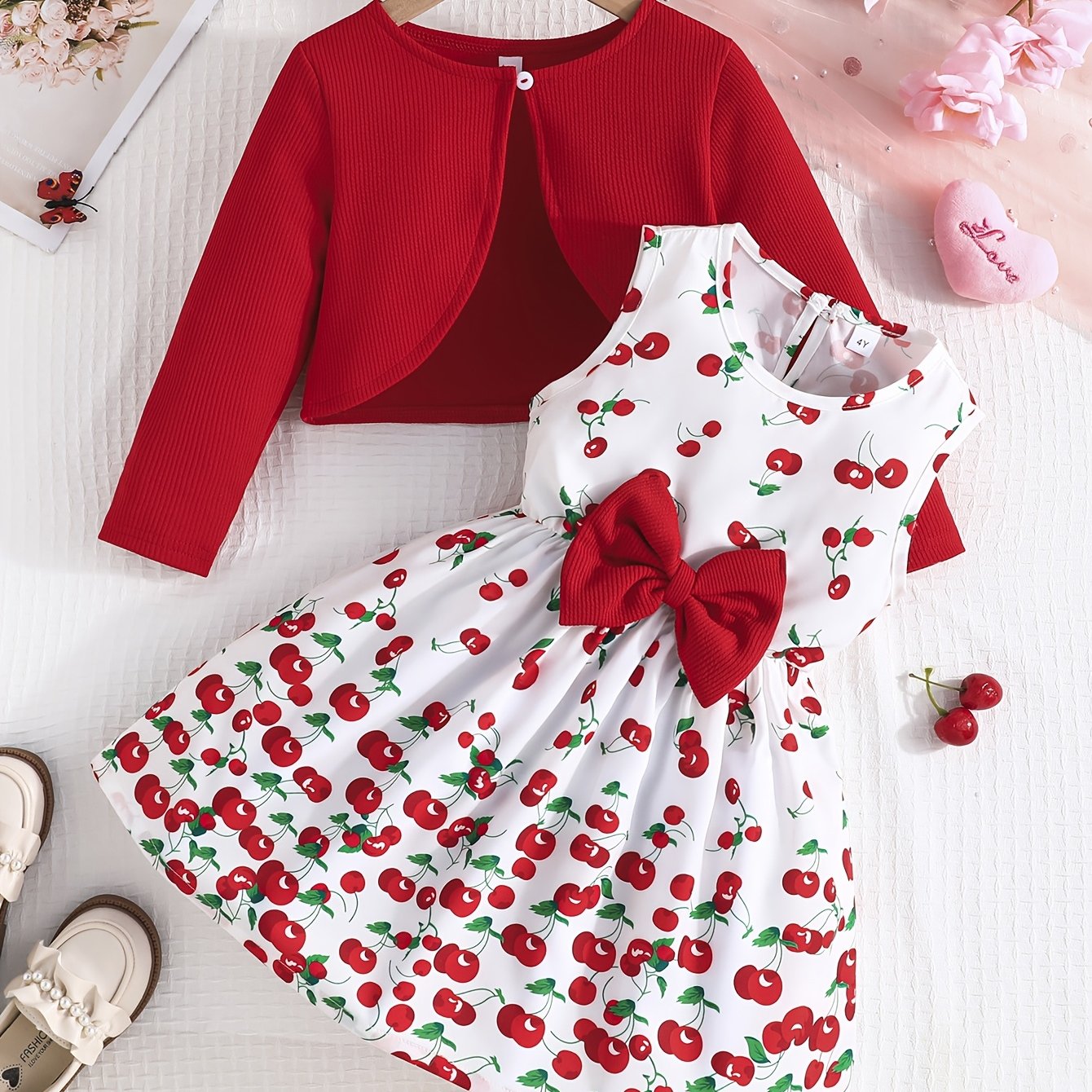 Romantic Cute 2pcs Long-sleeved Cardigan Jacket + Sleeveless Bow Sundress Set for Girls - Sweet Stylish Valentine's Day Outfit