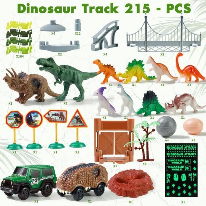 Dinosaur Toys Race Car Track with Glow-in-the-Dark Stickers Vehicle Playsets, 215 PCS Road Toys for Boys, Best Gift