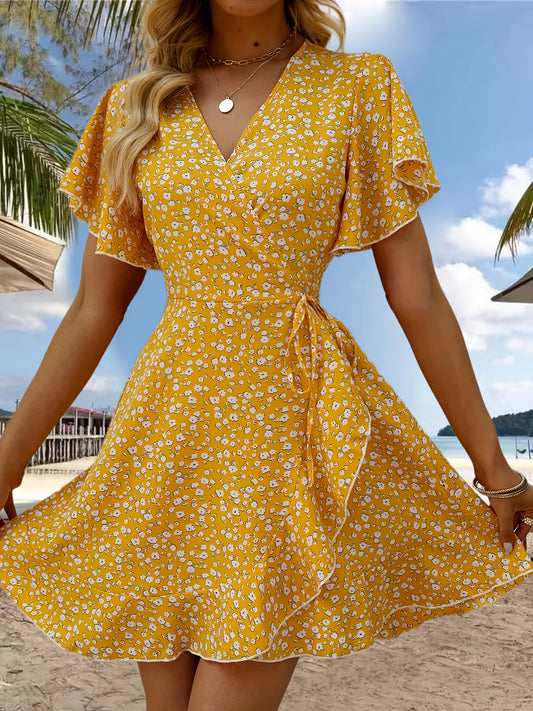 Vibrant Floral Print Ruffle Hem Wrap Dress - Short Sleeve, V-Neck, Sexy, Flowy, Spring & Summer Essential - Women's Clothing for Chic Ladies