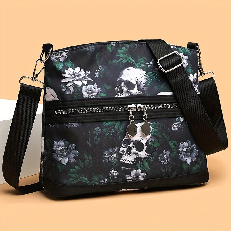 Vibrant Gothic Floral Skull Crossbody Bag - Women's Punk Style Shoulder Bag for Daily Commuter and Work with Adjustable Strap, Multi-Functional Travel Purse, Spacious Interior, and Stylish Design