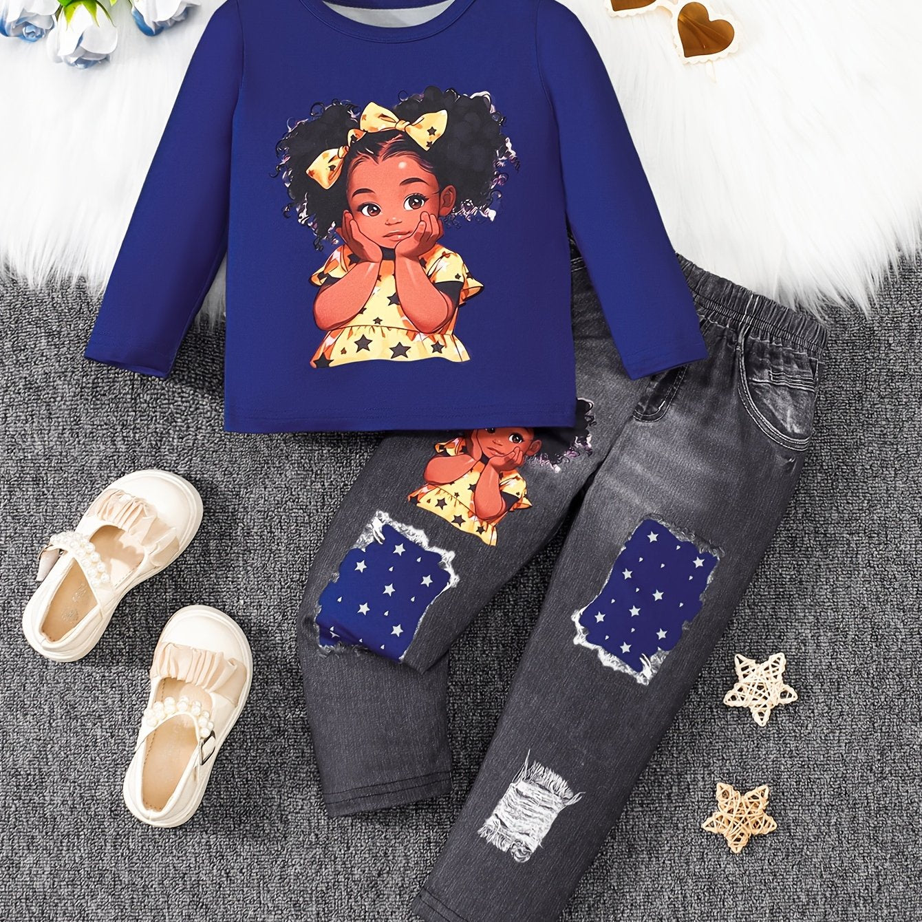 2Pcs Sweet Doll Print Suit Girl's outdoor Long-Sleeve Top + Imitation Denim Effect Leggings Set - Spring & Fall Clothes, Casual Outfits Holiday Sports Gift