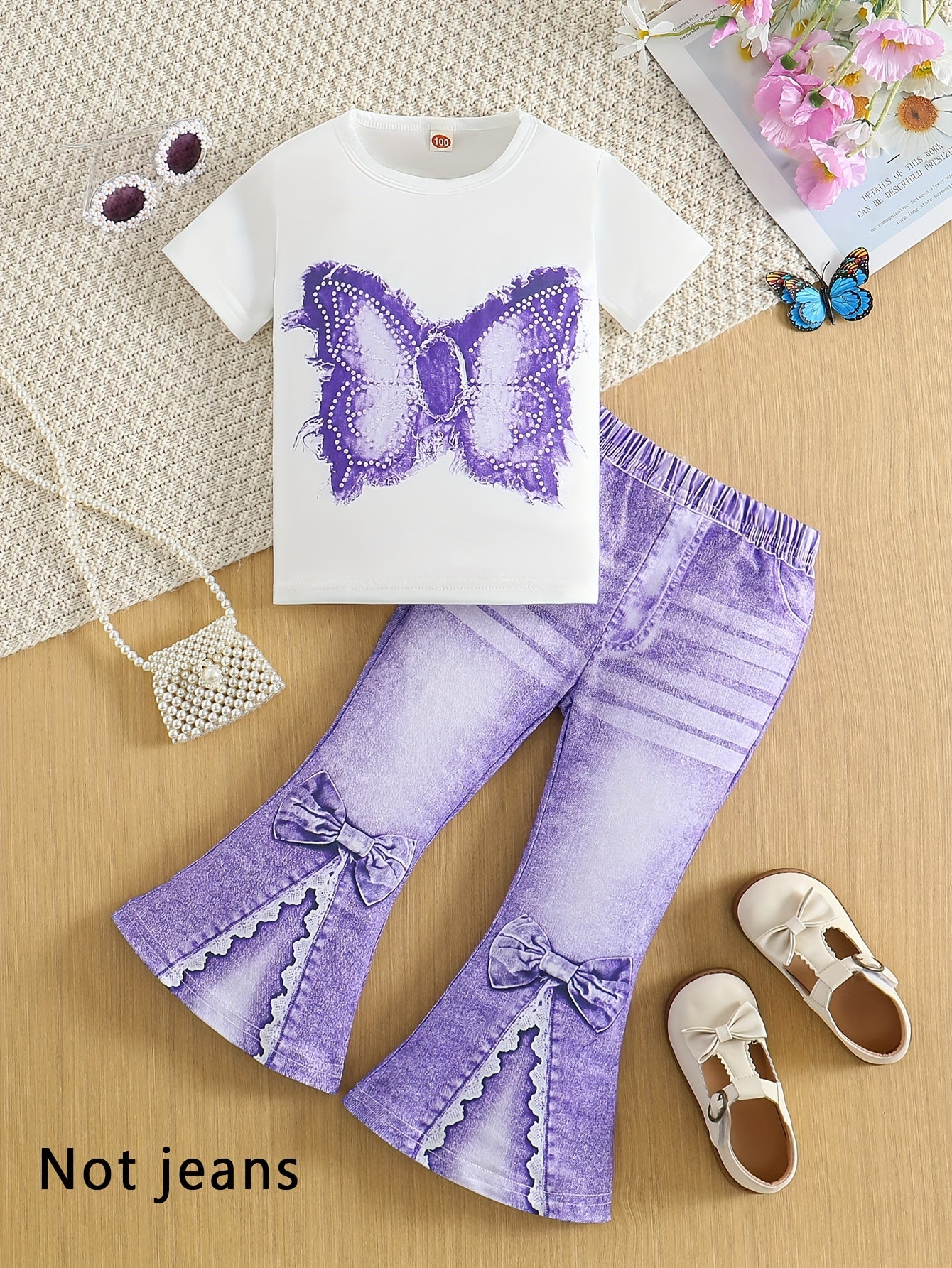 Chic Girls' 2pcs Set: Butterfly Print Short Sleeve Tee & Faux Denim Bell Bottoms - Machine Washable, Spring/Fall, Perfect for Outdoor