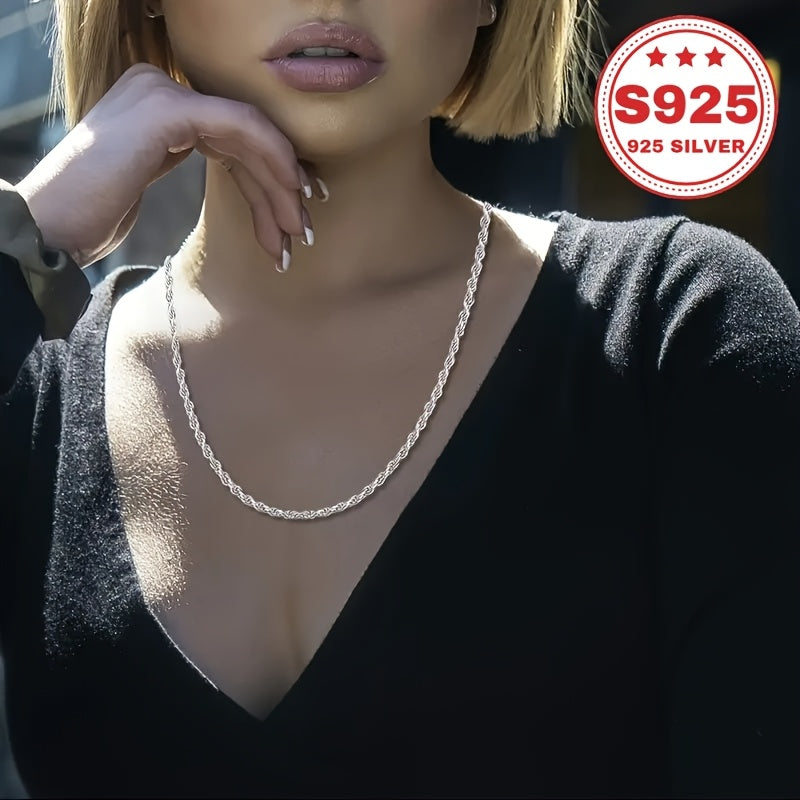 S925 Sterling Silvery Twist Chain Necklace - Classic Italian Style, 4mm Wide, Fashionable & Trendy, Perfect Christmas Gift, 0.6oz