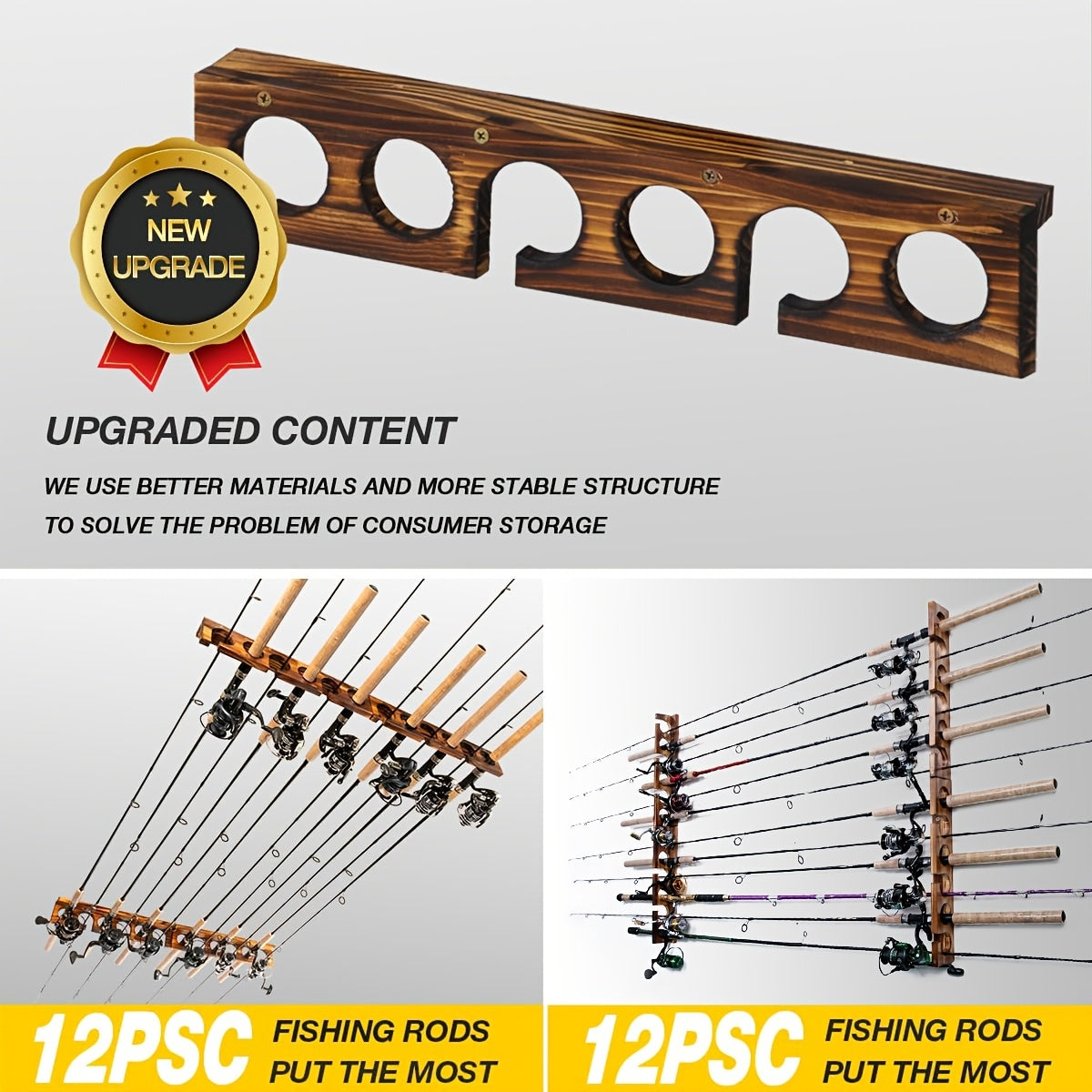 Ghosthorn Premium Wooden Fishing Rod Rack - Holds 12 Rods, Wall/Ceiling Mounted, Ideal for Garage Storage & Organization, Perfect Gift for Anglers on Christmas, Father's Day, Valentine's - Sleek Brown, Fishing Rod Storage