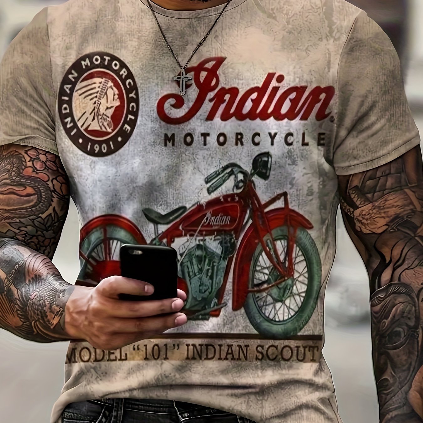 Men's Stylish And Retro Style Motorcycle Pattern And Alphabet Print T-shirt With Crew Neck And Short Sleeve, Fashionable Sports Tops For Summer Outdoors Activities