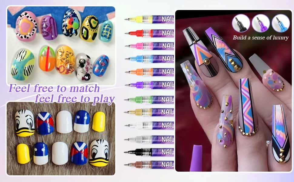 1set Nail Doodle Pen, 12-color Acrylic Paint Pen, Nail Paint DIY Quick Drying Dot Stitching Pen, Precision 3D Doodle Nail Art Pen, Nail Art Pen Set, Quick Drying, Suitable For Home And Salon DIY, Professional Details And Long