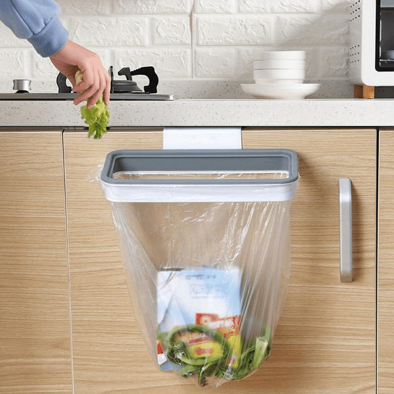 1pc Kitchen Garbage Bag Holder, Portable Plastic Trash Can with Lid, Cabinet Door Hanging Garbage Bag Rack, Wall Mounted Rubbish Bin, Kitchen Bathroom Bedroom Living Room Office Dorm Accessories