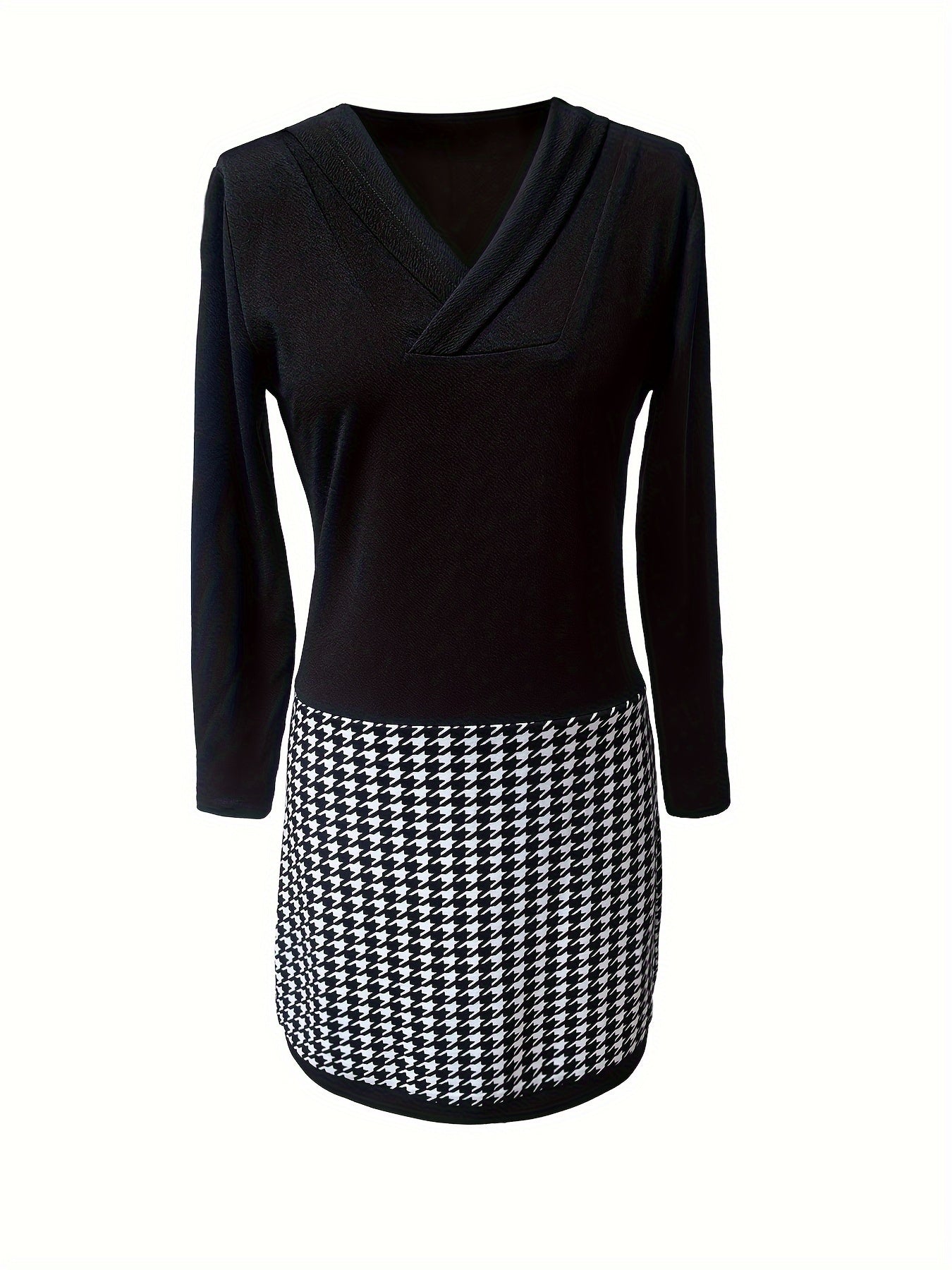 Chic Houndstooth V Neck Dress - Casual Long Sleeve Slim Fit - Perfect for Everyday Style - Womens Fashion Clothing