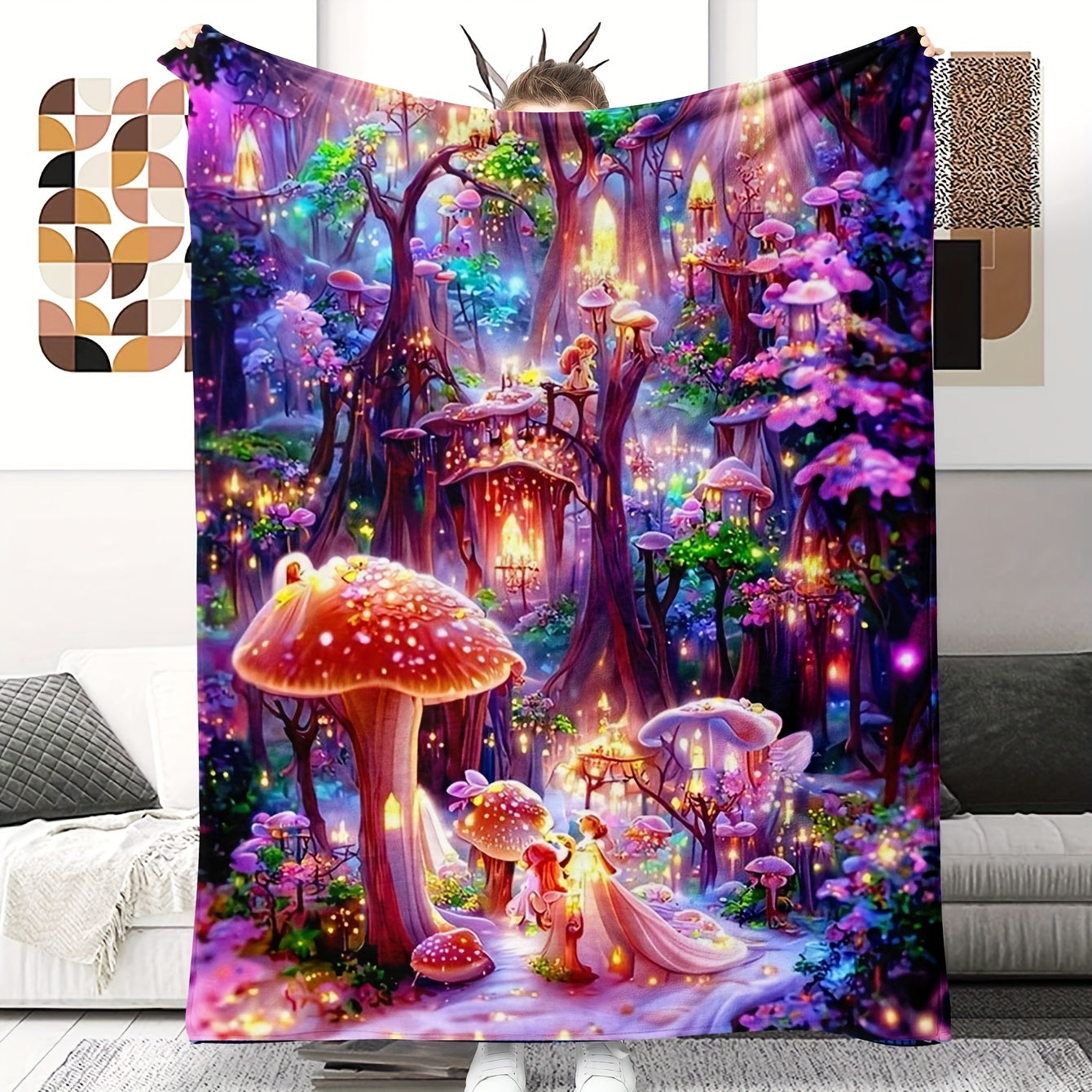 Whimsical Fantasy Mushroom Castle Throw Blanket - Soft, Reversible, and Vibrant Polyester Knit Bedding with Unique Embellishments, All-Season Multipurpose Design, and Flower Patterned Reverse Side