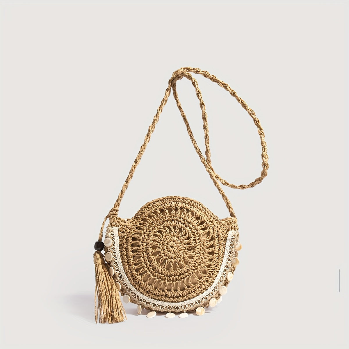 Boho-Chic Shell Woven Crossbody Bag - Light Brown Paper Straw Round Handbag with White Crochet Trim & Tassel Accents | Summer Beach Bag for Women, Perfect for Shopping, Vacation & Casual Outings | Stylish Gift for Teens, Coll