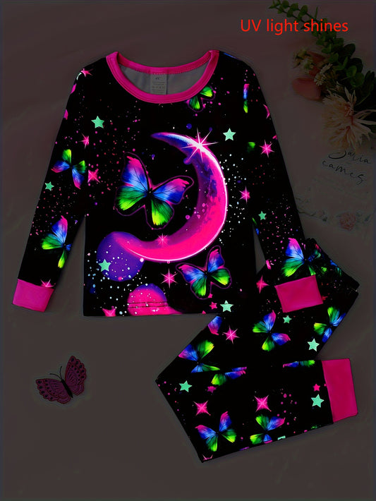 Girls' Starry Night Butterfly Print Pajama Set - Cozy Long Sleeve & Pants, Stretchy Knit Fabric, Machine Washable(uv light shines)