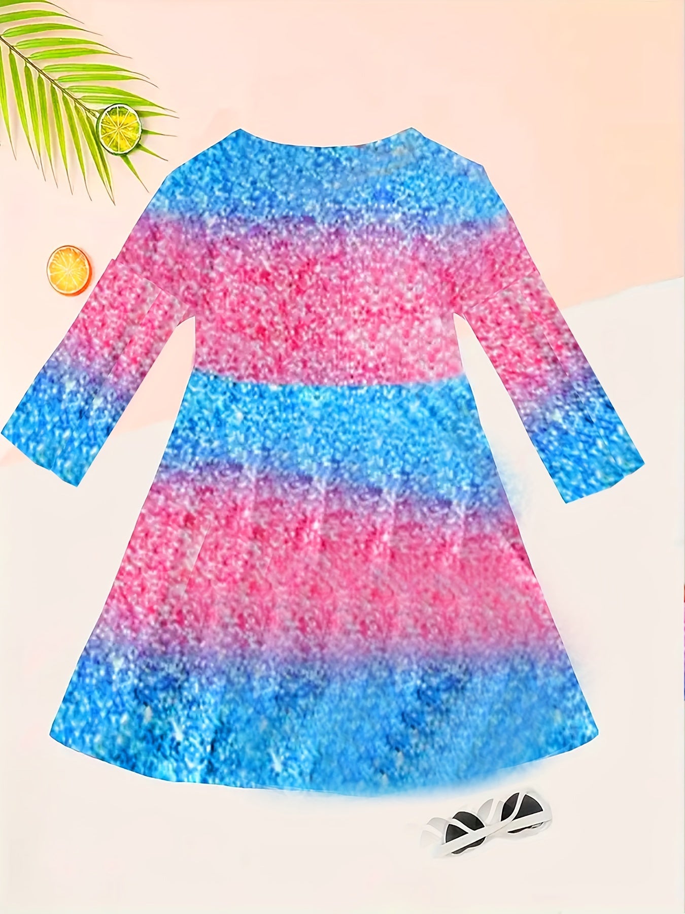 Girls' Casual Princess Print Midi Dress with Long Sleeves - Crew Neck, Polyester Blend with Comfort Stretch, Spring/Fall Season, Knit Fabric, Regular Fit - Size 4Y