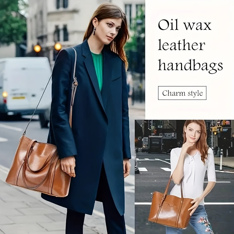 Elegant Brown Waxed Handbag for Women - Chic Single Shoulder Bag with Detachable Strap, Zip Closure & Polished Finish, Purse for Traveling, Ladies Handbag