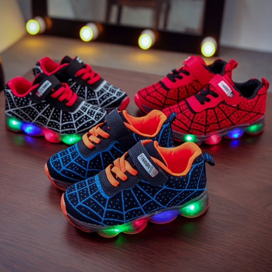 Casual Cool Spider Net Woven Shoes With LED Light For Boys, Breathable Non-slip Sneakers For Walking Running Training