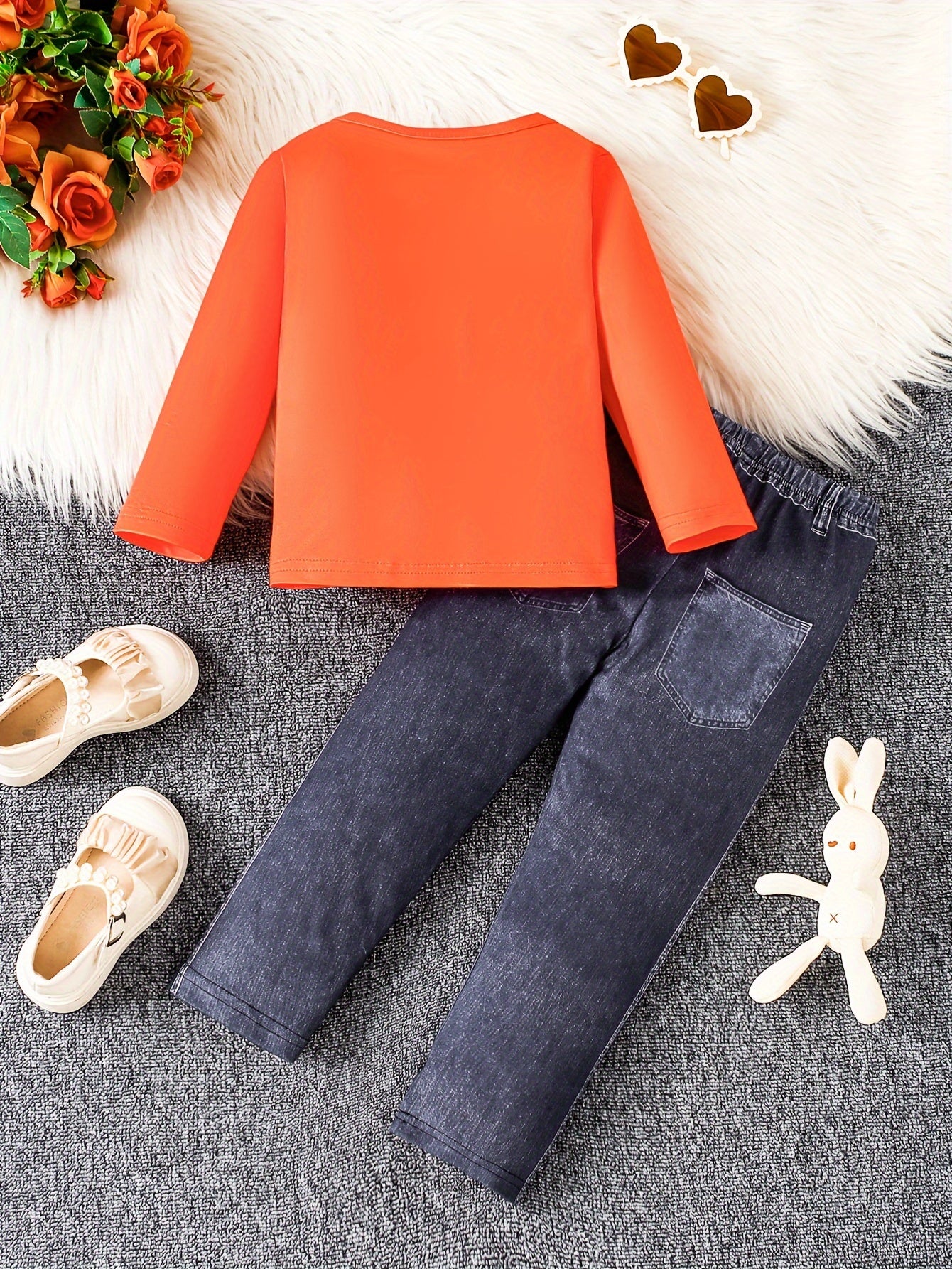 2Pcs Sweet Doll Print Suit Girl's outdoor Long-Sleeve Top + Imitation Denim Effect Leggings Set - Spring & Fall Clothes, Casual Outfits Holiday Sports Gift