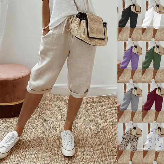 Vintage Cotton Linen Women Shorts Elastic Waist Loose Wide-Leg Trousers Ladies Solid Color Casual Knee Length Pants With Pockets