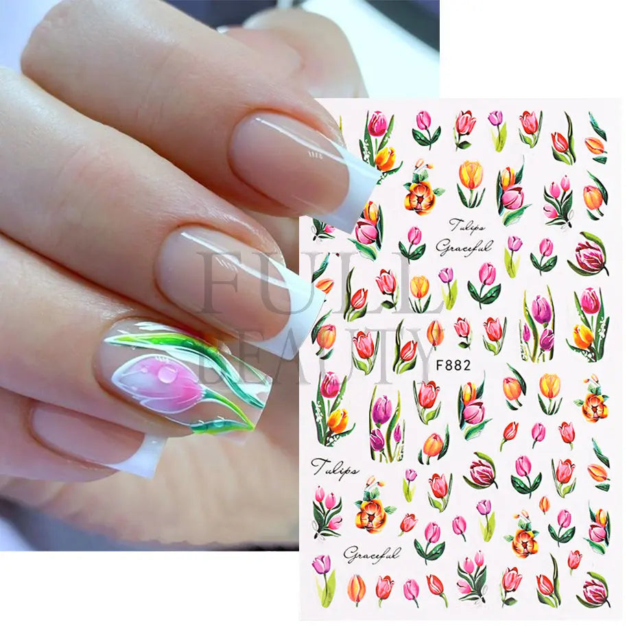 3D Gradient Purple Tulips Nail Sticker Yellow Tulip Flower Nails Supplies Fruit Watermelon Art Manicure Stickers Parts Tips F882