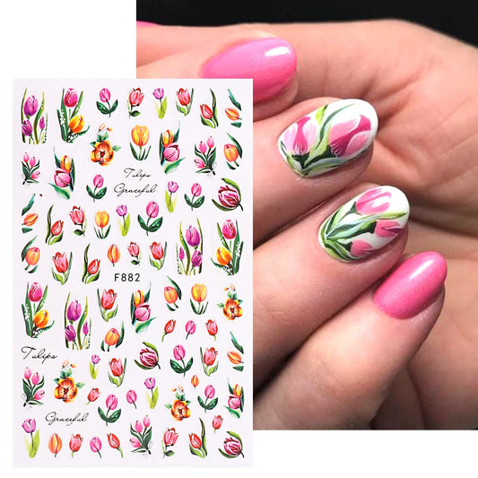 3D Gradient Purple Tulips Nail Sticker Yellow Tulip Flower Nails Supplies Fruit Watermelon Art Manicure Stickers Parts Tips F882