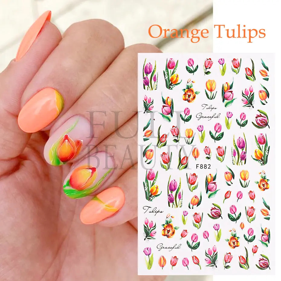 3D Gradient Purple Tulips Nail Sticker Yellow Tulip Flower Nails Supplies Fruit Watermelon Art Manicure Stickers Parts Tips F882