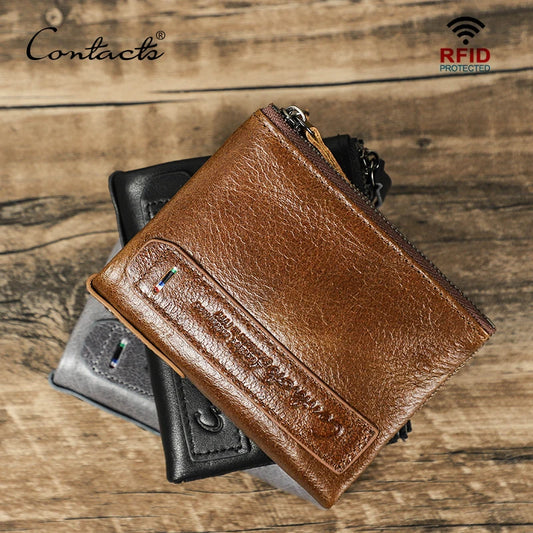 CONTACT'S HOT Genuine Crazy Horse Cowhide Leather Men Wallet Short Coin Purse Small Vintage Wallets Brand High Quality Designer