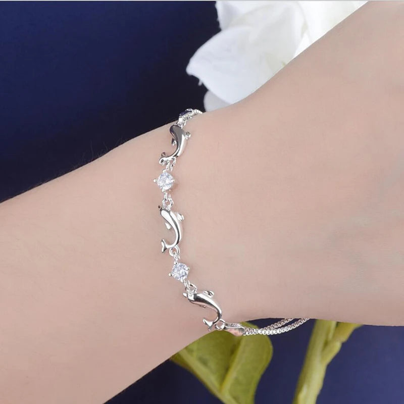 Fashion 925 Sterling Silver Chain Bracelets For Women Party Cute Dolphin Bracelet Bangle luxury Crystal CZ Jewelry Gifts